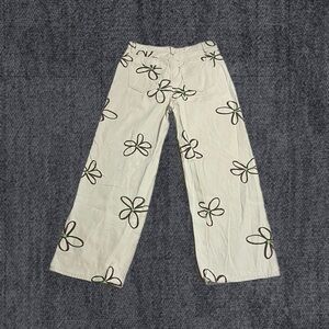 Cream and black floral print wide leg pants